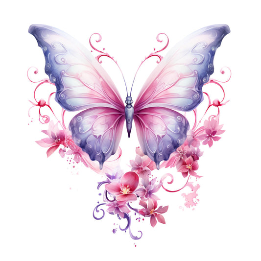 butterfly, purple, pink, lavender, magenta, floral, flowers, decorative swirls, watercolor style, fabric panel, quilting cotton, breast cancer awareness, delicate wings, botanical elements, soft pastels, ethereal design, nature motif, feminine colors, crafting material, sewing project