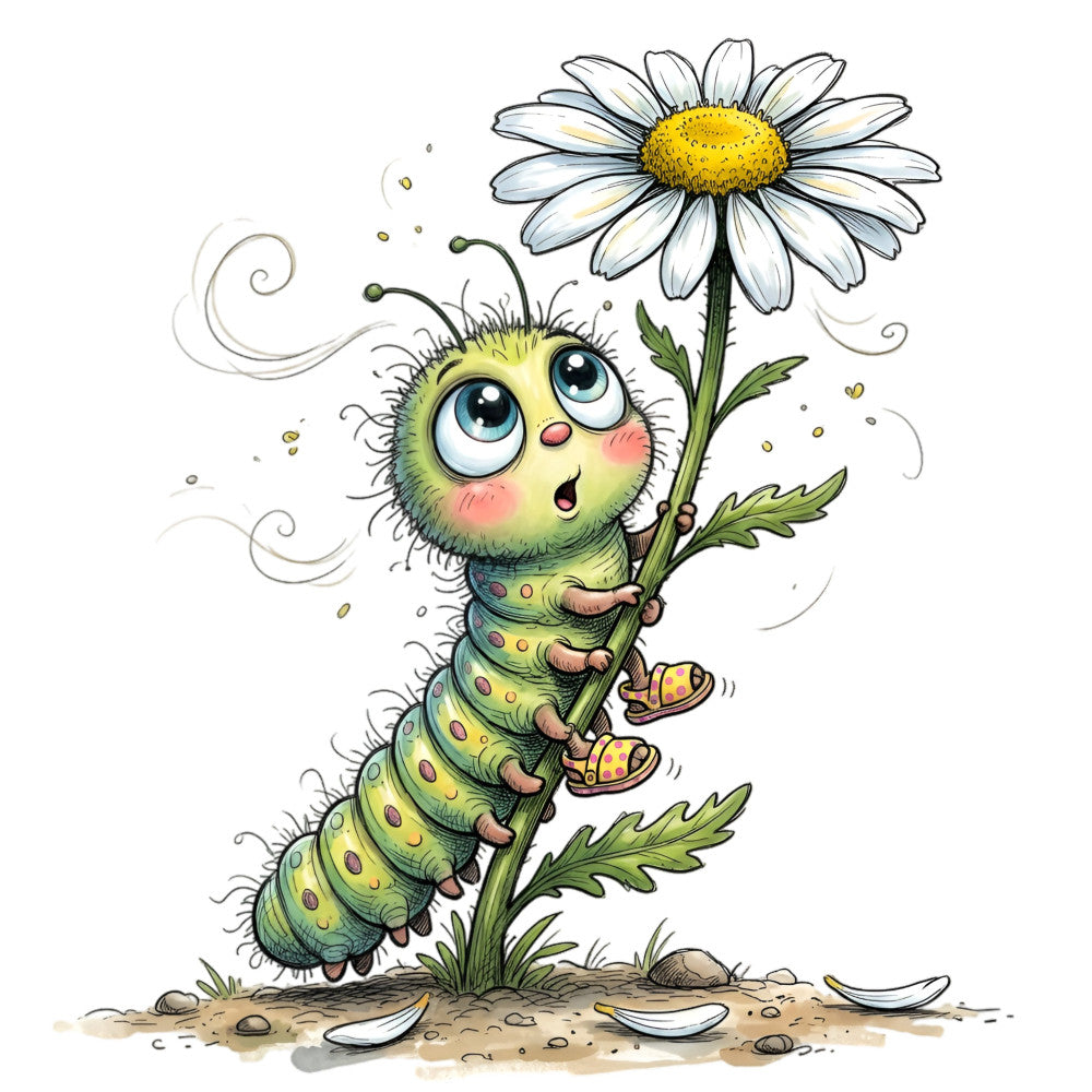 whimsical, caterpillar, daisy flower, yellow green, soft yellow, blue eyes, nature, charming, children's, playful, cute animals, garden themed, spring, summer, insect motifs, botanical, gentle colors, storybook, cheerful, illustrated, soft pastels, daisy print, character design, kid-friendly, nursery, baby themed, fantasy creatures, delicate florals, nature lover, whimsy