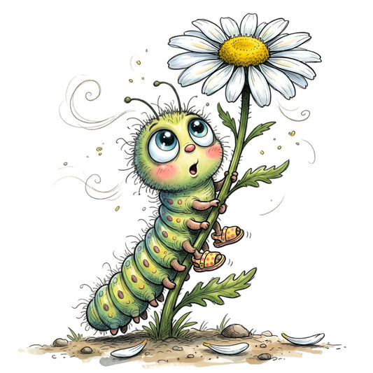 whimsical, caterpillar, daisy flower, yellow green, soft yellow, blue eyes, nature, charming, children's, playful, cute animals, garden themed, spring, summer, insect motifs, botanical, gentle colors, storybook, cheerful, illustrated, soft pastels, daisy print, character design, kid-friendly, nursery, baby themed, fantasy creatures, delicate florals, nature lover, whimsy
