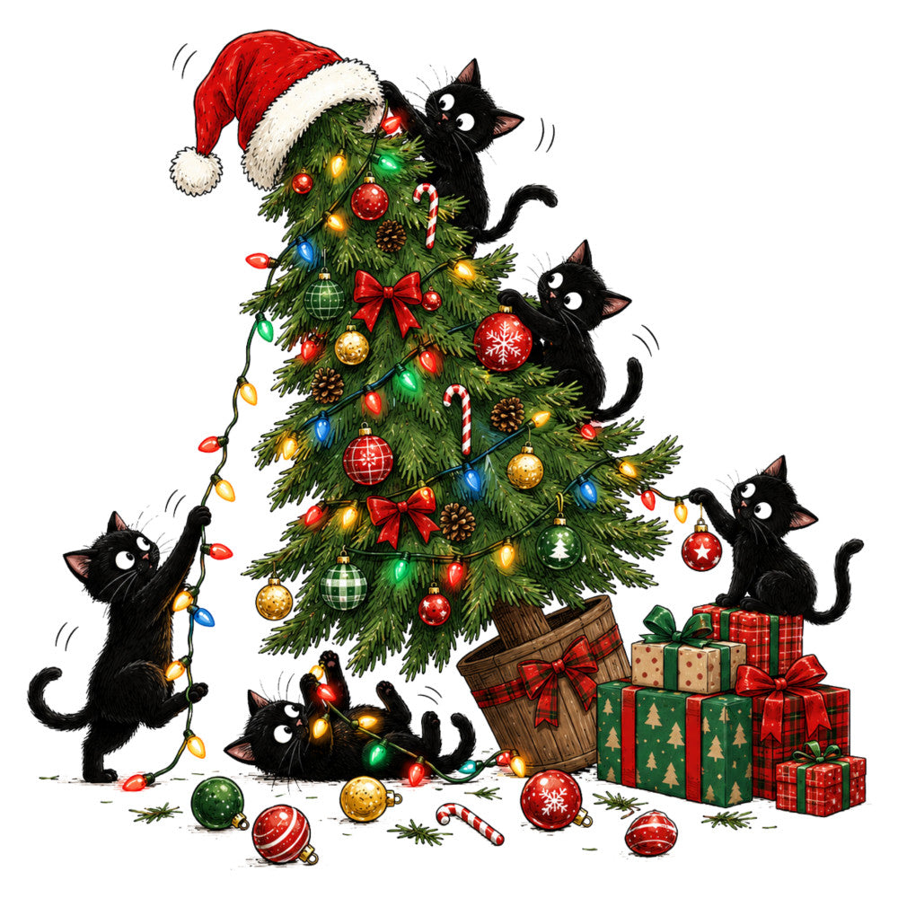 christmas, holiday, black cats, playful cats, kittens, festive, whimsical, santa hat, decorated tree, ornaments, baubles, candy canes, gift boxes, red, green, gold, cream, forest green, bright red, colorful lights, garland, bows, ribbons, pine cones, winter, seasonal, fun, cheerful, traditional christmas, cat lovers