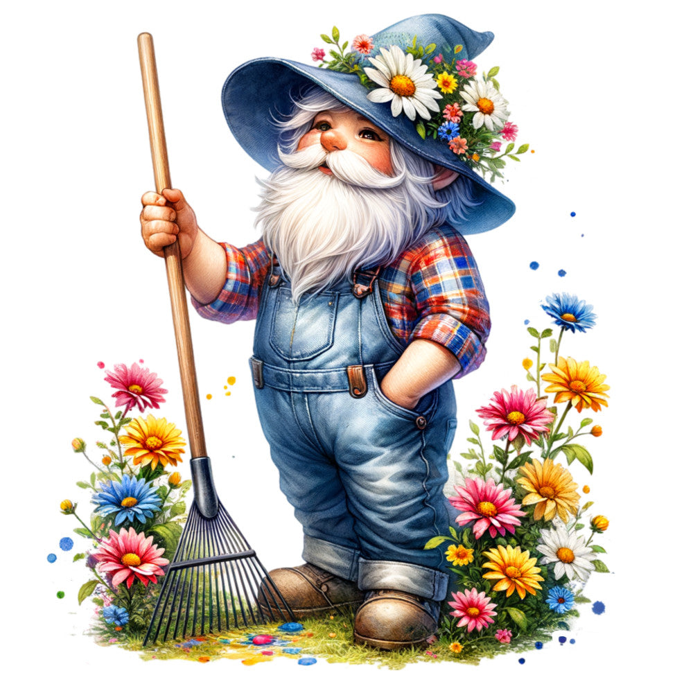 spring gnome, garden gnome, colorful flowers, denim overalls, plaid shirt, flower hat, white beard, rake tool, daisy flowers, pink flowers, yellow flowers, blue flowers, whimsical illustration, fabric panel, quilting cotton, spring theme, gardening scene, watercolor style, floral border, cheerful design
