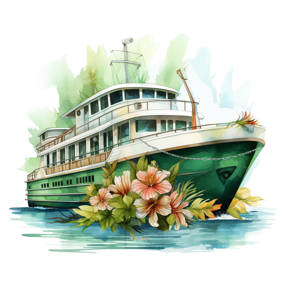 cruise ship, watercolor style, tropical flowers, hibiscus blooms, green hull, white superstructure, maritime scene, ocean waves, palm fronds, coral pink, emerald green, aqua blue, nautical theme, vacation vibes, fabric panel, quilting cotton, tropical paradise, boat illustration, floral accents, coastal design