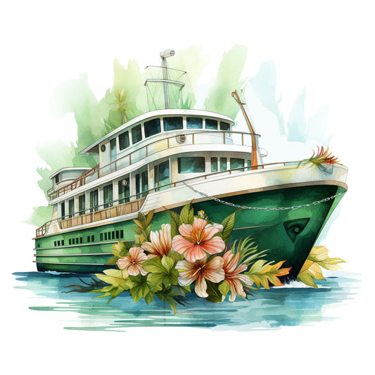 cruise ship, watercolor style, tropical flowers, hibiscus blooms, green hull, white superstructure, maritime scene, ocean waves, palm fronds, coral pink, emerald green, aqua blue, nautical theme, vacation vibes, fabric panel, quilting cotton, tropical paradise, boat illustration, floral accents, coastal design