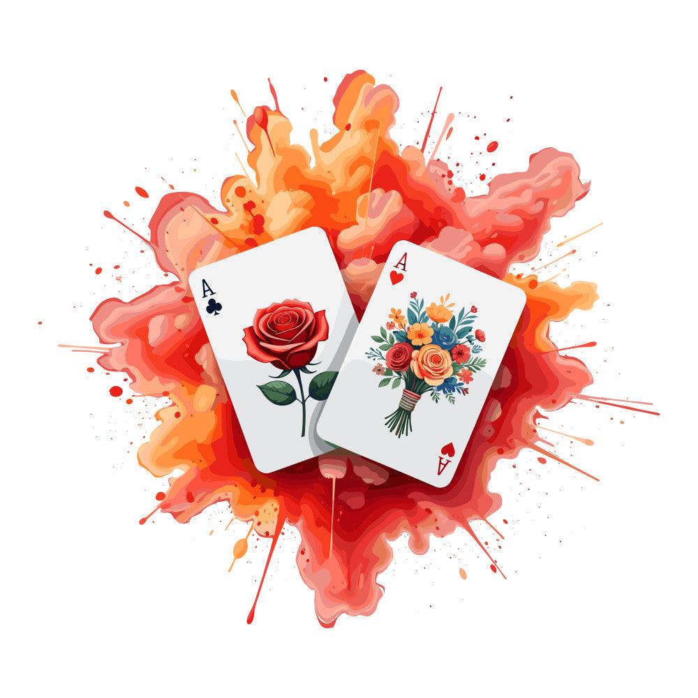playing cards, ace of spades, ace of hearts, red rose, floral bouquet, watercolor splash, orange flames, red splatter, coral pink, paint explosion, gaming theme, casino cards, flower motifs, artistic splashes, fabric panel, quilting cotton, vibrant colors, card suits, botanical elements, modern art style