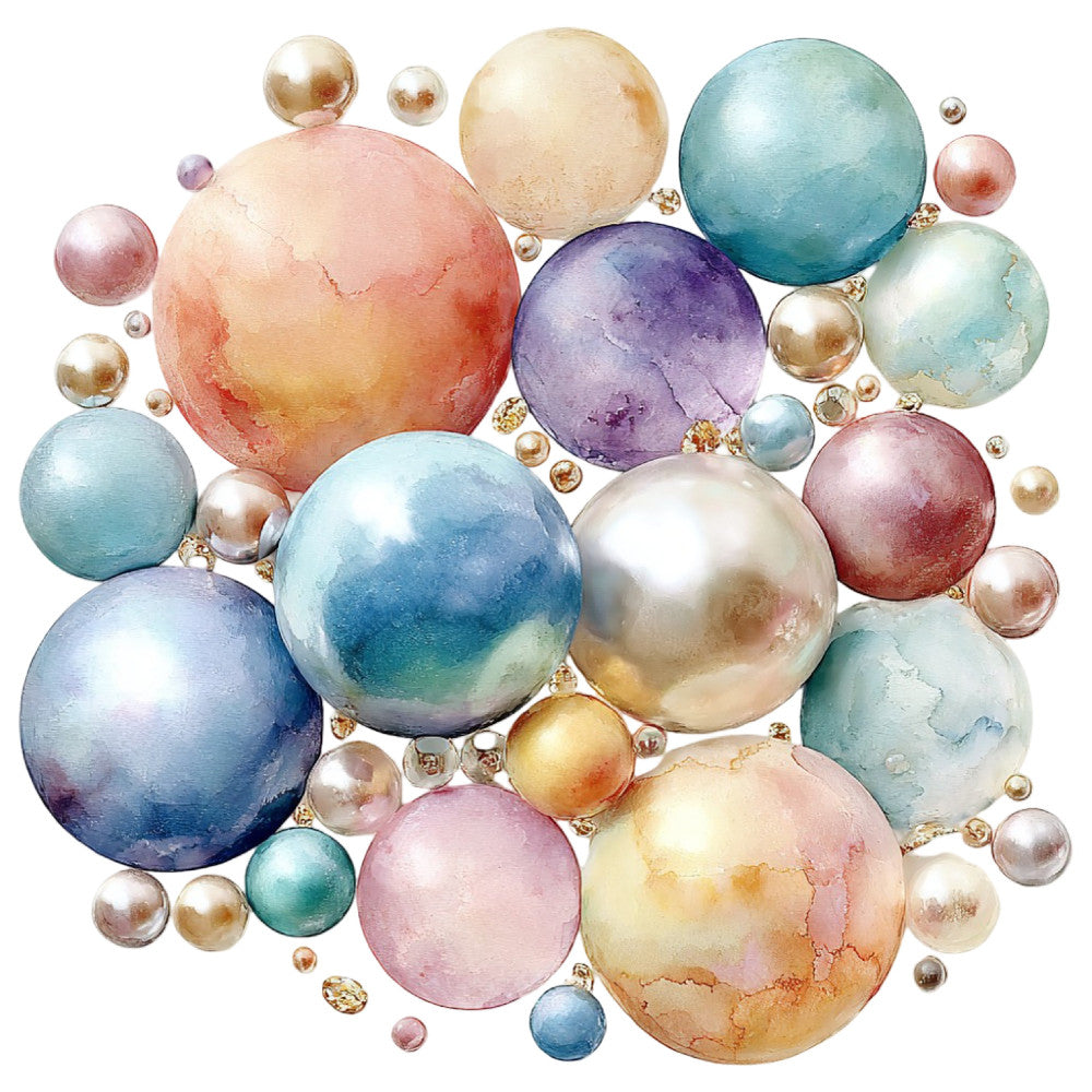 rose gold, copper, pearl white, dusty rose, mauve, lavender, teal, seafoam, navy blue, blush pink, cream, watercolor, ombre, gradient, abstract, spheres, bubbles, balls, dimensional, metallic, elegant, modern, whimsical, celestial, dreamy, iridescent, pearlescent, luxury, sophisticated, artistic