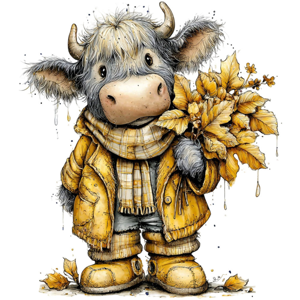 golden yellow, cream, tan, charcoal gray, mustard, plaid, autumn, fall, highland cow, scottish, cozy, whimsical, farmhouse, rustic, country, cute animals, children's, baby, nature, leaves, foliage, casual, playful, folk art, cottage core, warm tones, wool texture, traditional, decorative, panel print