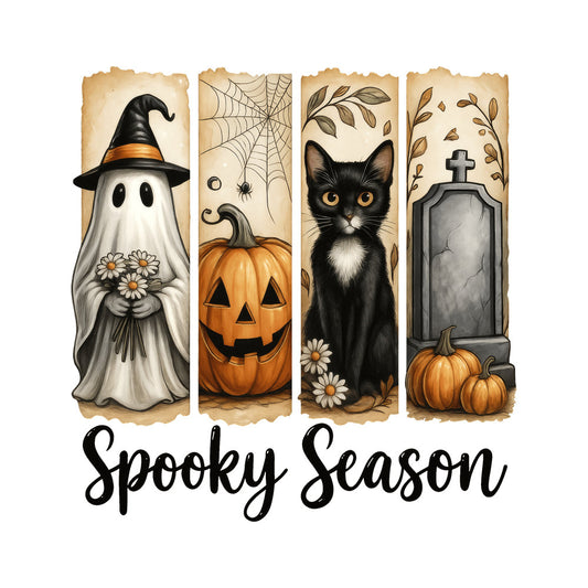 spooky season, halloween, ghost, black cat, pumpkin, tombstone, witch hat, orange, black, cream, white, autumn, fall, holiday, seasonal, whimsical, vintage, retro, folk art, daisies, flowers, spider web, leaves, falling leaves, cross, cemetery, spooky, festive, traditional, decorative