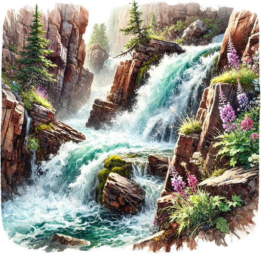 waterfall, rocky cliffs, evergreen trees, purple wildflowers, turquoise water, moss covered rocks, mountain landscape, nature scene, fabric panel, quilting cotton, cascading water, pink flowers, green foliage, rustic canyon, scenic vista, outdoor wilderness, flowing stream, alpine setting, natural beauty