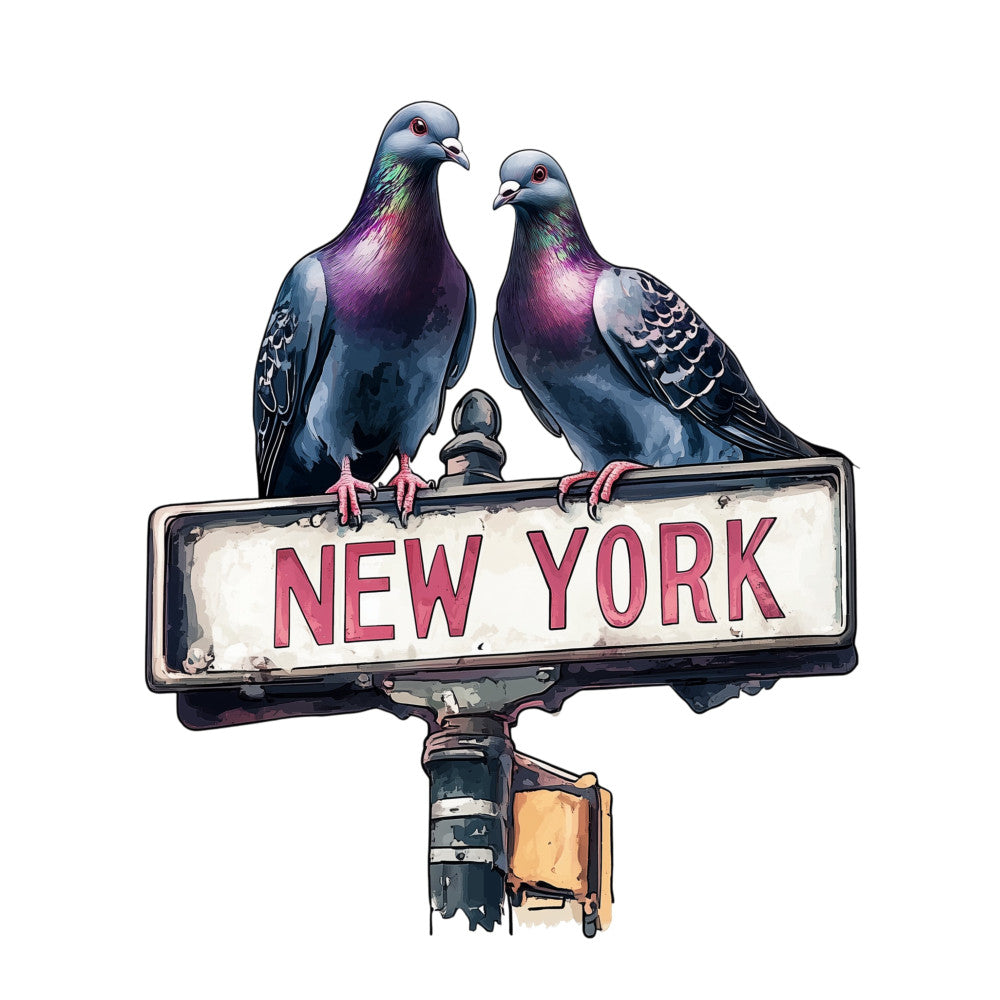 pigeons, iridescent, metallic sheen, street sign, new york city, urban, vintage sign, birds, purple, teal, pink, iridescent colors, modern, whimsical, nostalgic, architectural, city theme, decorative panel, wall art, novelty print, animal motif, multi-color, contemporary, stylized birds, street art inspired, urban wildlife, decorative fabric, conversation starter