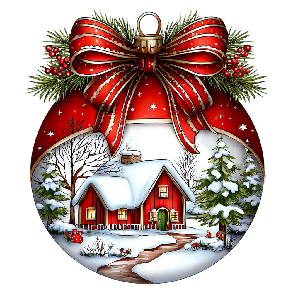 christmas ornament, red and white, winter scene, snowy landscape, holiday decoration, festive, traditional, rustic, evergreen trees, pine branches, red barn, cottage, snow-covered, winter village, red ribbon bow, gold accents, berries, seasonal, christmas, cozy, nostalgic, whimsical, detailed illustration, scenic, farmhouse style, winter holiday, decorative ornament, classic christmas, elegant bow