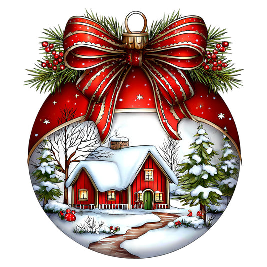 christmas ornament, red and white, winter scene, snowy landscape, holiday decoration, festive, traditional, rustic, evergreen trees, pine branches, red barn, cottage, snow-covered, winter village, red ribbon bow, gold accents, berries, seasonal, christmas, cozy, nostalgic, whimsical, detailed illustration, scenic, farmhouse style, winter holiday, decorative ornament, classic christmas, elegant bow