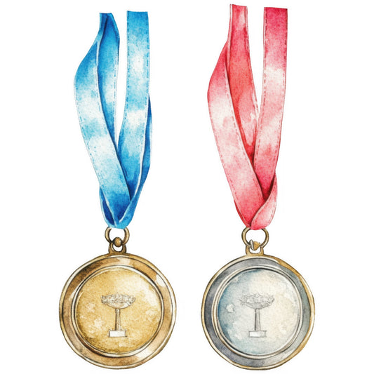 medals, ribbons, awards, achievement, blue ribbon, red ribbon, gold medal, silver medal, bronze, watercolor, vintage medals, competition, sports, honor, elegant, decorative, achievement theme, trophy, winner, first place, patriotic, gradient color, ombre effect, ceremonial, motivational, success themed, classic style, traditional, commemorative, incentive