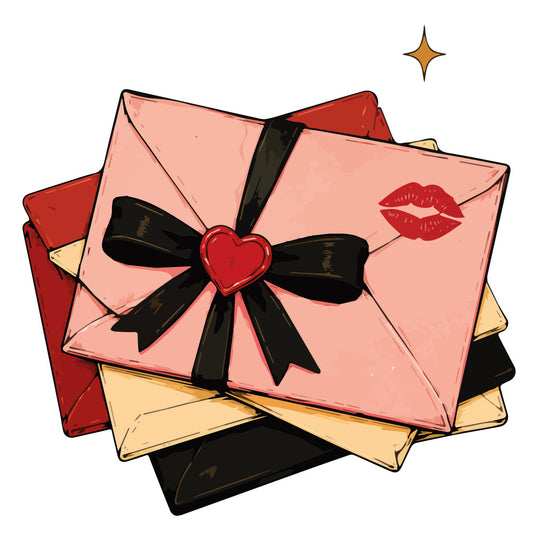 coral pink, blush pink, red, black, cream, heart, lips, lipstick print, love letter, envelope, bow, romantic, valentine's day, love themed, feminine, elegant, whimsical, vintage inspired, retro, romance, sweetheart, gift wrapped, decorative bow, kiss marks, amor, date night, love note, galentine's day, anniversary
