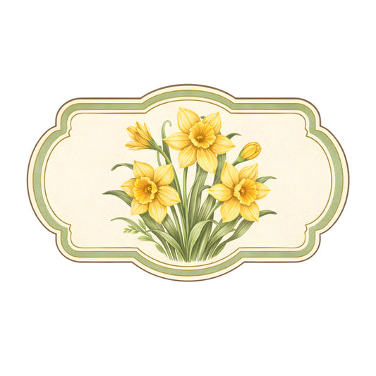 yellow daffodils, spring flowers, cream background, sage green border, daffodil botanical, nature-inspired, floral design, vintage botanical, traditional floral, elegant style, spring season, garden flowers, botanical illustration, pale yellow, soft green, nature theme, timeless design, classic floral, decorative panel, cottage garden, farmhouse style, spring botanical, flower motif, hand-painted style, seasonal design, wall hanging, nature lovers, garden theme