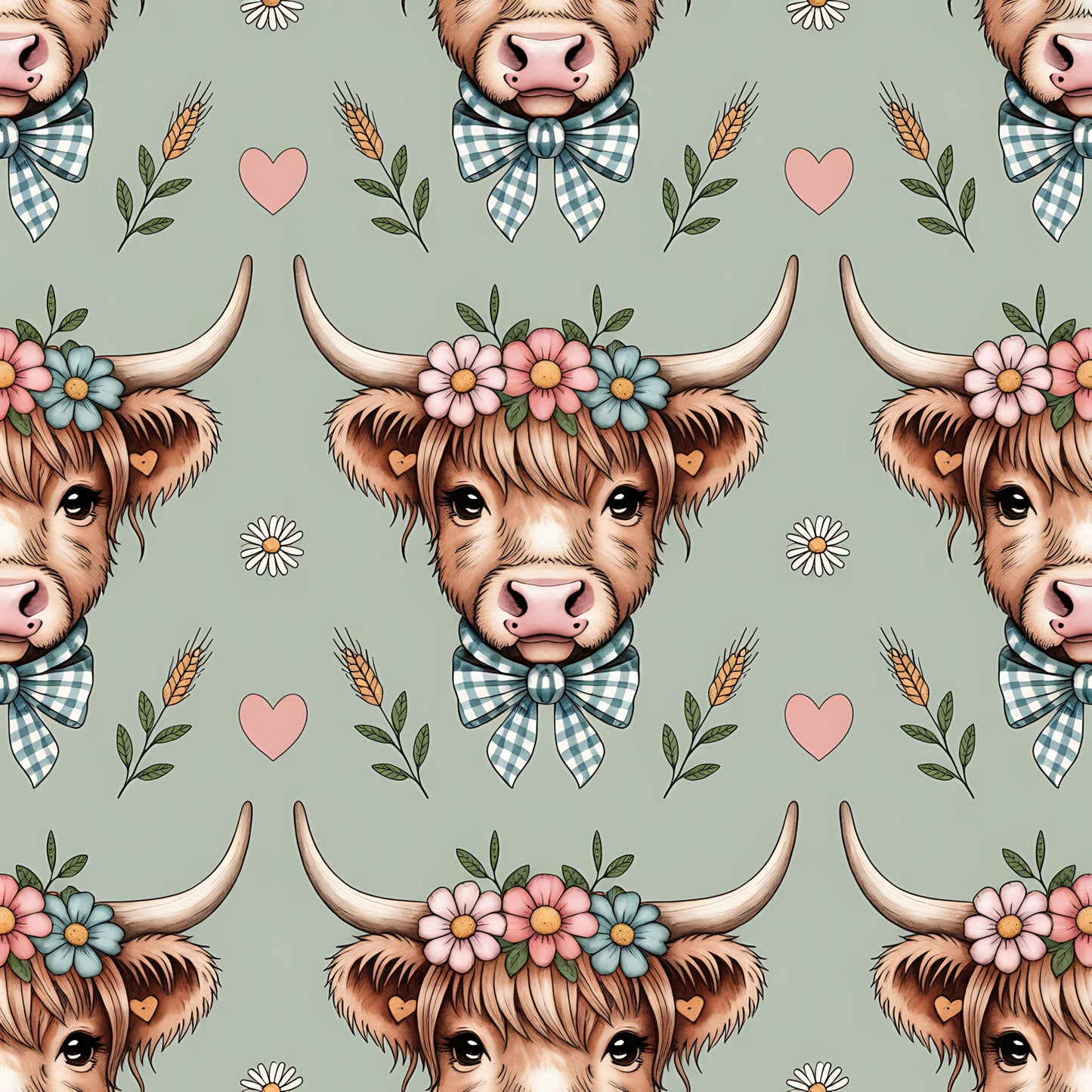 Highland Cow Heads Pattern 12 Quilting Cotton Fabric