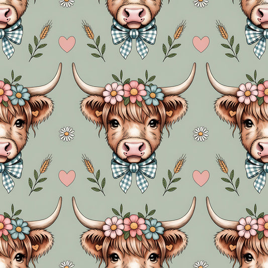 Highland Cow Heads Pattern 12 Quilting Cotton Fabric