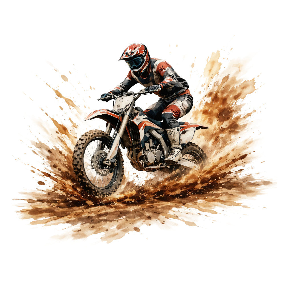 dirt bike, motocross, off-road, action sports, rust orange, burnt orange, black, tan, beige, cream, earth tones, splatter, watercolor, abstract, dynamic, energetic, masculine, adventure, extreme sports, racing, speed, dirt, dust clouds, adrenaline, sports themed, boys, men, athletic, bold, contemporary