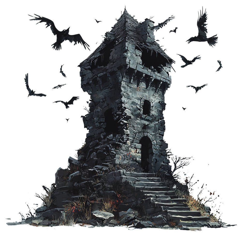 gothic tower, dark academia, haunted castle, spooky, halloween, charcoal gray, slate gray, black, dark gray, stone texture, ravens, bats, birds, ruins, abandoned, moody, gothic aesthetic, dark fantasy, witchy, eerie, supernatural, autumn, fall, vintage gothic, castle tower, architectural, dark romantic, creepy, mystical