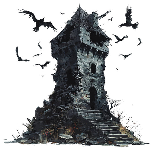 gothic tower, dark academia, haunted castle, spooky, halloween, charcoal gray, slate gray, black, dark gray, stone texture, ravens, bats, birds, ruins, abandoned, moody, gothic aesthetic, dark fantasy, witchy, eerie, supernatural, autumn, fall, vintage gothic, castle tower, architectural, dark romantic, creepy, mystical