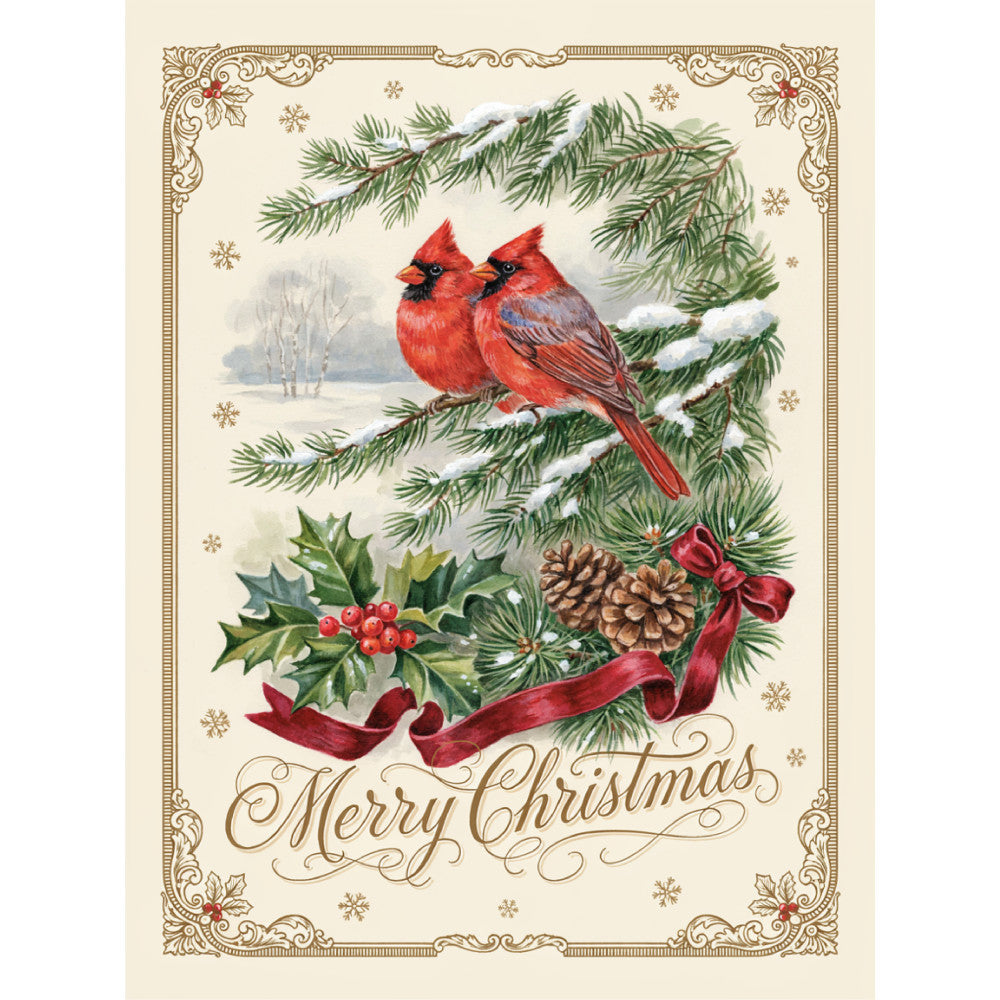 cardinal, red birds, evergreen branches, holly leaves, pine cones, ribbon bows, winter landscape, snow-covered trees, snowflakes, gold accents, cream background, holiday, christmas, traditional, vintage, elegant, festive, nature, birds, botanical, winter, seasonal, red and green, decorative border, merry christmas, calligraphy text, rustic, classic, decorative panel