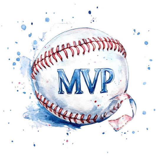 baseball, mvp, sports, watercolor, blue, red, white, cream, navy blue, crimson red, abstract, splash, ink splatter, athletic, competitive, boys, men, americana, patriotic, modern, casual, playful, whimsical, watercolor art, sports themed, game day, team spirit, youth, summer, wall hanging