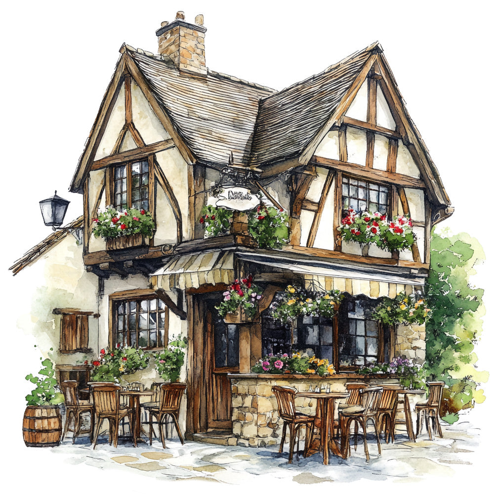 watercolor illustration, tudor cottage, half-timbered building, cream walls, brown timber framing, slate roof, stone chimney, flower boxes, red geraniums, outdoor cafe seating, wooden chairs, round tables, wine barrel, street lamp, cobblestone pavement, english village, countryside scene, fabric panel, quilting cotton, pastoral setting, charming architecture