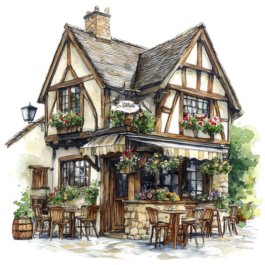 watercolor illustration, tudor cottage, half-timbered building, cream walls, brown timber framing, slate roof, stone chimney, flower boxes, red geraniums, outdoor cafe seating, wooden chairs, round tables, wine barrel, street lamp, cobblestone pavement, english village, countryside scene, fabric panel, quilting cotton, pastoral setting, charming architecture