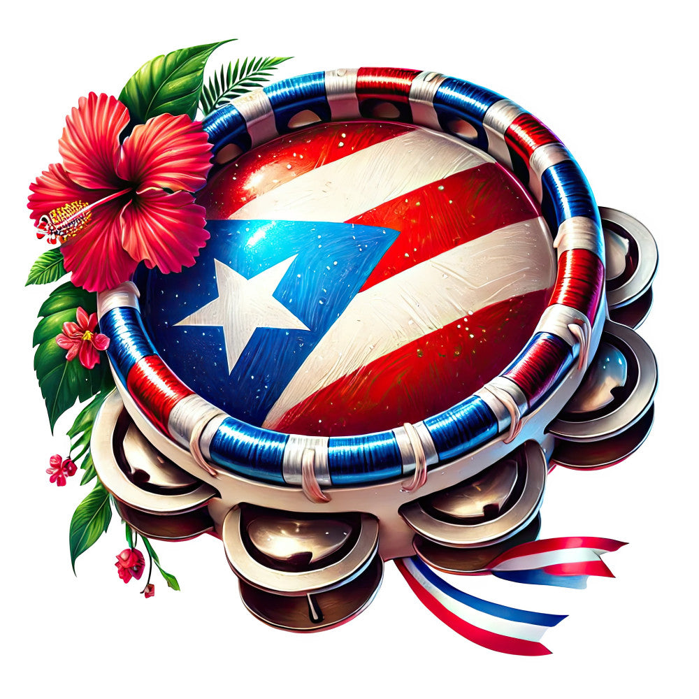 puerto rico flag, red white blue, star motif, patriotic, caribbean, tropical flowers, red flowers, gerbera daisy, floral design, decorative ribbon, cultural heritage, latin american, festive, celebratory, vibrant colors, bold pattern, white star, striped border, hand-painted style, summer, cultural pride, holiday celebration, decorative panel, wall hanging, craft project, whimsical style, metallic accents, shiny finish