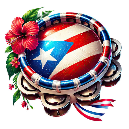 puerto rico flag, red white blue, star motif, patriotic, caribbean, tropical flowers, red flowers, gerbera daisy, floral design, decorative ribbon, cultural heritage, latin american, festive, celebratory, vibrant colors, bold pattern, white star, striped border, hand-painted style, summer, cultural pride, holiday celebration, decorative panel, wall hanging, craft project, whimsical style, metallic accents, shiny finish