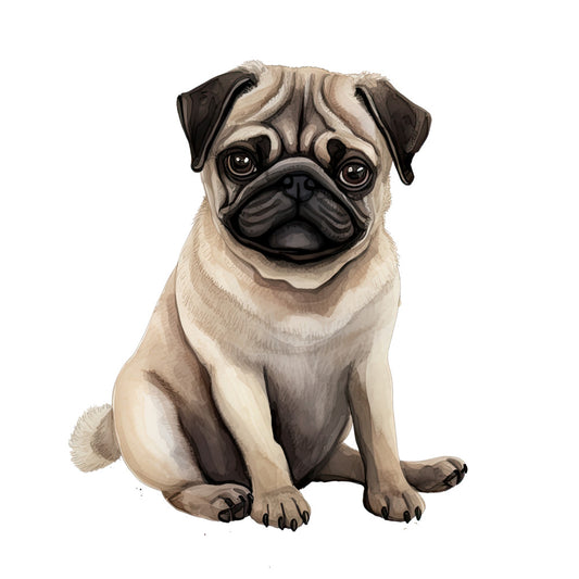 Watercolor Pug Fabric Panel 17 featuring a detailed, hand-painted pug dog illustration on premium quilting cotton.