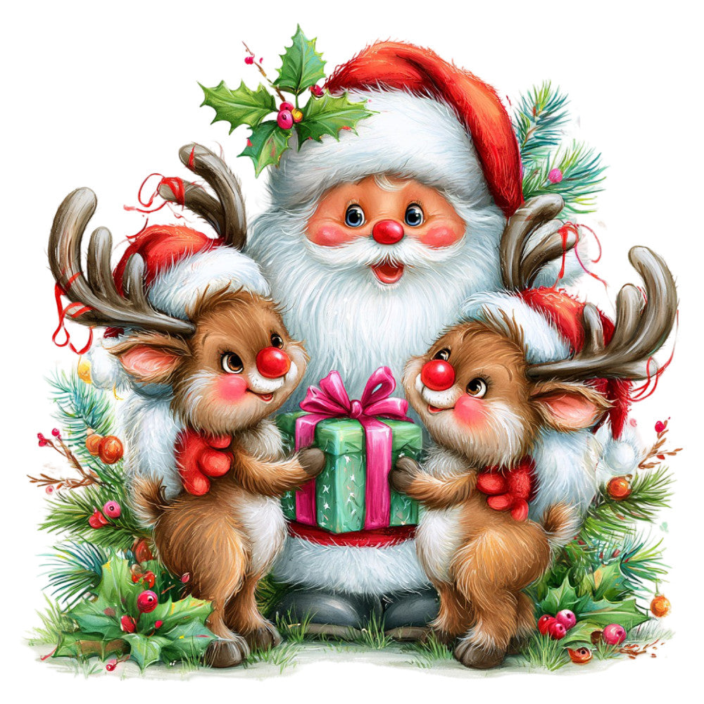 santa claus, reindeer, christmas, holiday, red and green, white, cream, forest green, bright red, coral pink, festive, whimsical, cute, jolly, traditional, vintage, animals, characters, gift box, holly berries, pine branches, winter, nostalgia, children, cheerful, playful, decorative, greeting card style, retro christmas, red nosed reindeer