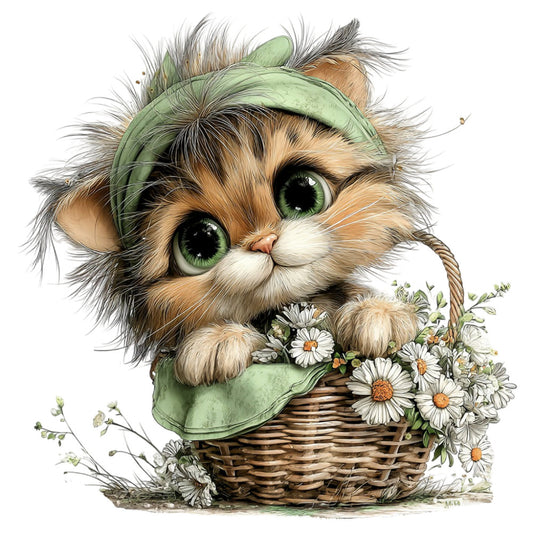 sage green, cream, tan, brown, white, orange, cat, kitten, fluffy, whimsical, adorable, cute, daisies, flowers, floral, basket, nature, animal, spring, summer, gentle, sweet, playful, illustration, botanical, children's, baby, woodland, cottage core, vintage inspired