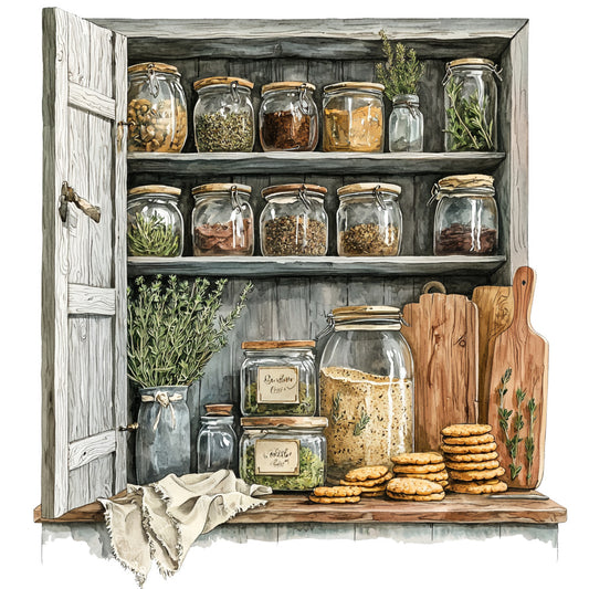 fabric panel, country kitchen, rustic cupboard, glass jars, wooden shelves, herbs, spices, cutting boards, cookies, pantry scene, farmhouse style, neutral tones, beige, brown, green, weathered wood, quilting cotton, kitchen theme, cottage core, vintage inspired