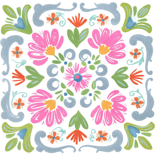 floral, flowers, pink flowers, bright colors, magenta, hot pink, coral orange, sage green, dusty blue, blue-gray, botanical, nature, symmetrical, folk art, traditional, whimsical, decorative, daisies, scrolls, ornamental, spring, summer, cheerful, vibrant, garden, vintage style, bohemian, wall hanging, home decor