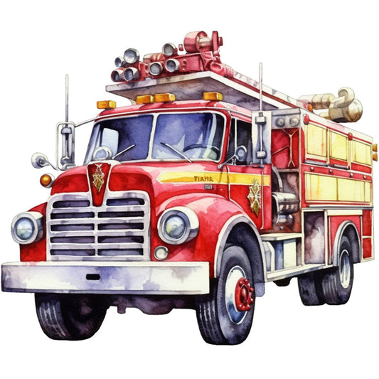 red fire truck, vintage firetruck, watercolor style, crimson red, yellow accents, blue windows, silver chrome, emergency vehicle, firefighting equipment, hoses, ladders, rescue truck, transportation theme, nostalgic artwork, fabric panel, quilting cotton, automotive design, hand-painted look, boyish theme, vehicle illustration