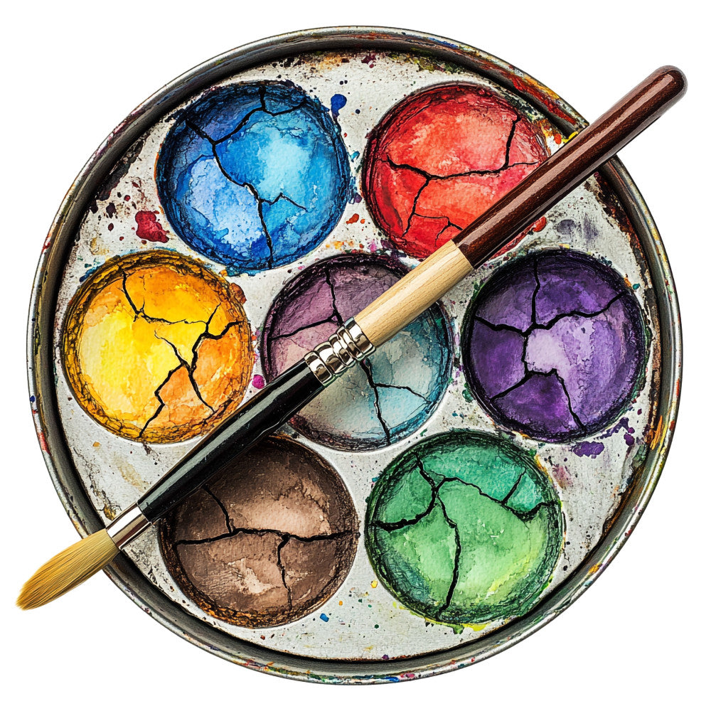 watercolor palette, paint brushes, artist tools, cracked paint, blue paint, red paint, yellow paint, purple paint, green paint, brown paint, art supplies, creative theme, paintbrush, watercolor effect, artistic design, craft panel, sewing fabric, quilting cotton, studio theme, painter's palette