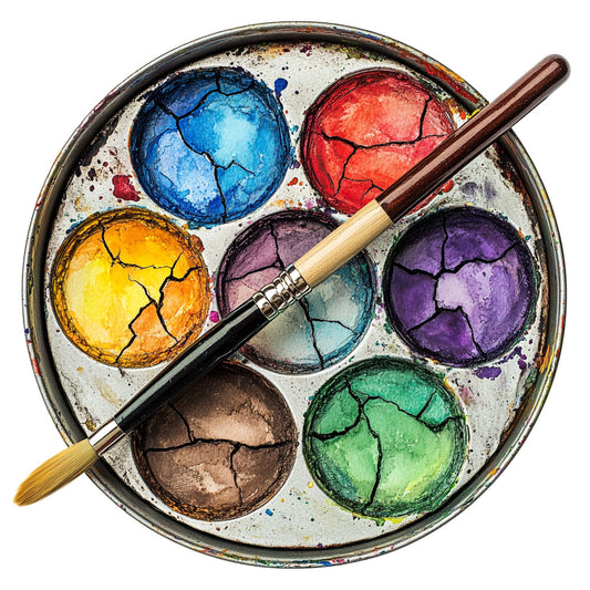 watercolor palette, paint brushes, artist tools, cracked paint, blue paint, red paint, yellow paint, purple paint, green paint, brown paint, art supplies, creative theme, paintbrush, watercolor effect, artistic design, craft panel, sewing fabric, quilting cotton, studio theme, painter's palette
