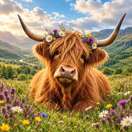 highland cattle, brown, rust, tan, cream, golden, purple, lavender, yellow, white, floral, animal, nature, farmhouse, rustic, whimsical, bohemian, wildflowers, daisies, thistles, flowers, cow, cattle, scottish, pastoral, mountain landscape, valley, meadow, spring, summer
