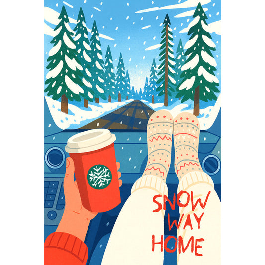 christmas fabric panel, winter scene, snow falling, evergreen trees, pine trees, cozy socks, hot cocoa mug, red coffee cup, snowflake design, blue sky, white snow, forest landscape, warm beverage, holiday themed, quilting panel, cotton fabric, festive colors, winter comfort, seasonal design, snowy wilderness