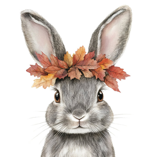 autumn bunny, fall leaves, woodland animals, rabbit, orange leaves, rust red, golden yellow, cream, gray, whimsical, cute animals, nature themed, seasonal, autumn harvest, fall decor, woodland creatures, animal portrait, children's fabric, baby quilt, wall hanging, farmhouse style, rustic charm, forest theme, maple leaves, warm tones, cozy autumn, nature lovers, gentle whimsy, kids quilting, fall aesthetic