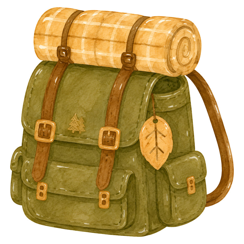hiking backpack, camping, adventure, nature, outdoor, forest green, sage green, tan, brown leather, vintage travel, rustic, whimsical, bedroll, sleeping bag, woodland, pine tree, leaf charm, buckles, straps, hiking gear, explorer, wanderlust, autumn, fall colors, children's, kids, boys, adventure theme, retro camping, nostalgic
