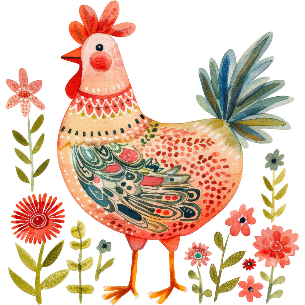 Folk Chicken Fabric Panel 5