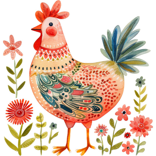 Folk Chicken Fabric Panel 5