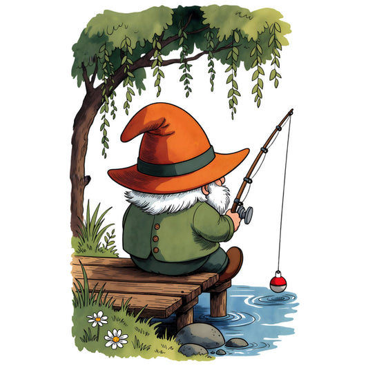 fishing gnome, orange hat, forest green, white beard, whimsical, nature, outdoor, gnome, fishing theme, weeping willow, daisy flowers, pastoral, storybook, character panel, charming, cottage core, garden scene, fishing rod, bobber, water, pond, relaxing, peaceful, rustic, traditional, illustration style, folk art, woodland