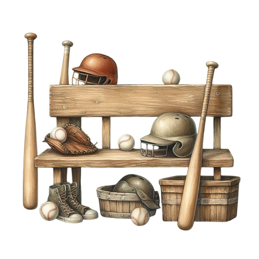 baseball, sports, vintage, rustic, brown, tan, cream, wood, wooden shelf, shelving, equipment, glove, mitt, helmet, bat, baseballs, boots, bucket, americana, athletic, nostalgic, farmhouse, masculine, boys, children, game day, recreation, collectible, storage, display