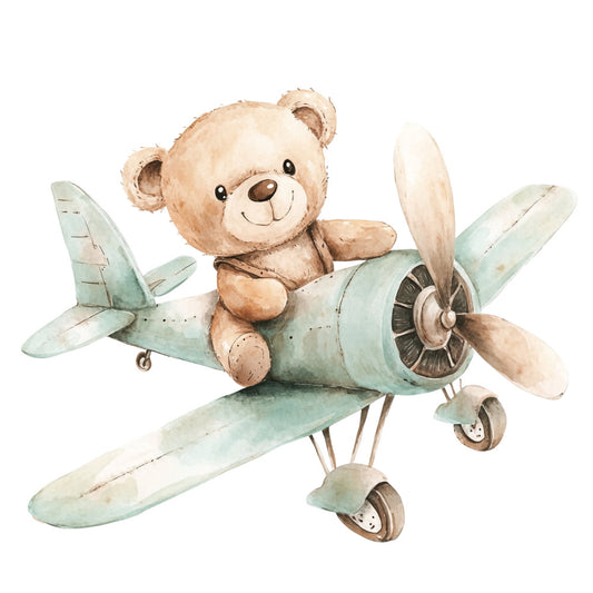 teddy bear, airplane, vintage aircraft, sage green, cream, tan, brown, whimsical, nursery, baby, children, travel theme, adventure, aviation, cute animals, illustrative, watercolor style, soft colors, pastoral, gentle, playful, boy's room, girl's room, baby quilt, wall art, mint green, beige, storybook style, retro, nostalgic