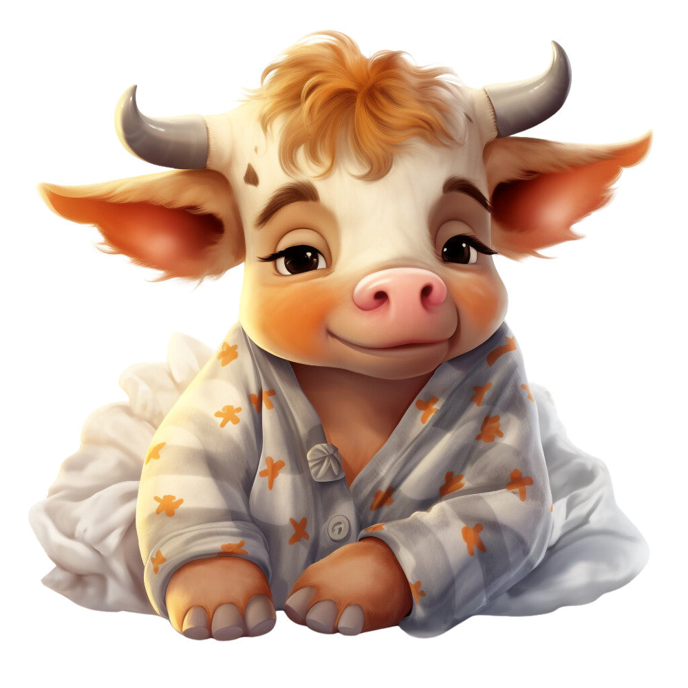 baby cow, calf, pajamas, sleepwear, orange patterns, cream white, soft pastels, adorable animal, nursery fabric, cotton panel, quilting fabric, whimsical illustration, sweet expression, cozy theme, children's fabric, farm animal, gentle artwork, fabric crafting, sewing panel, cute character