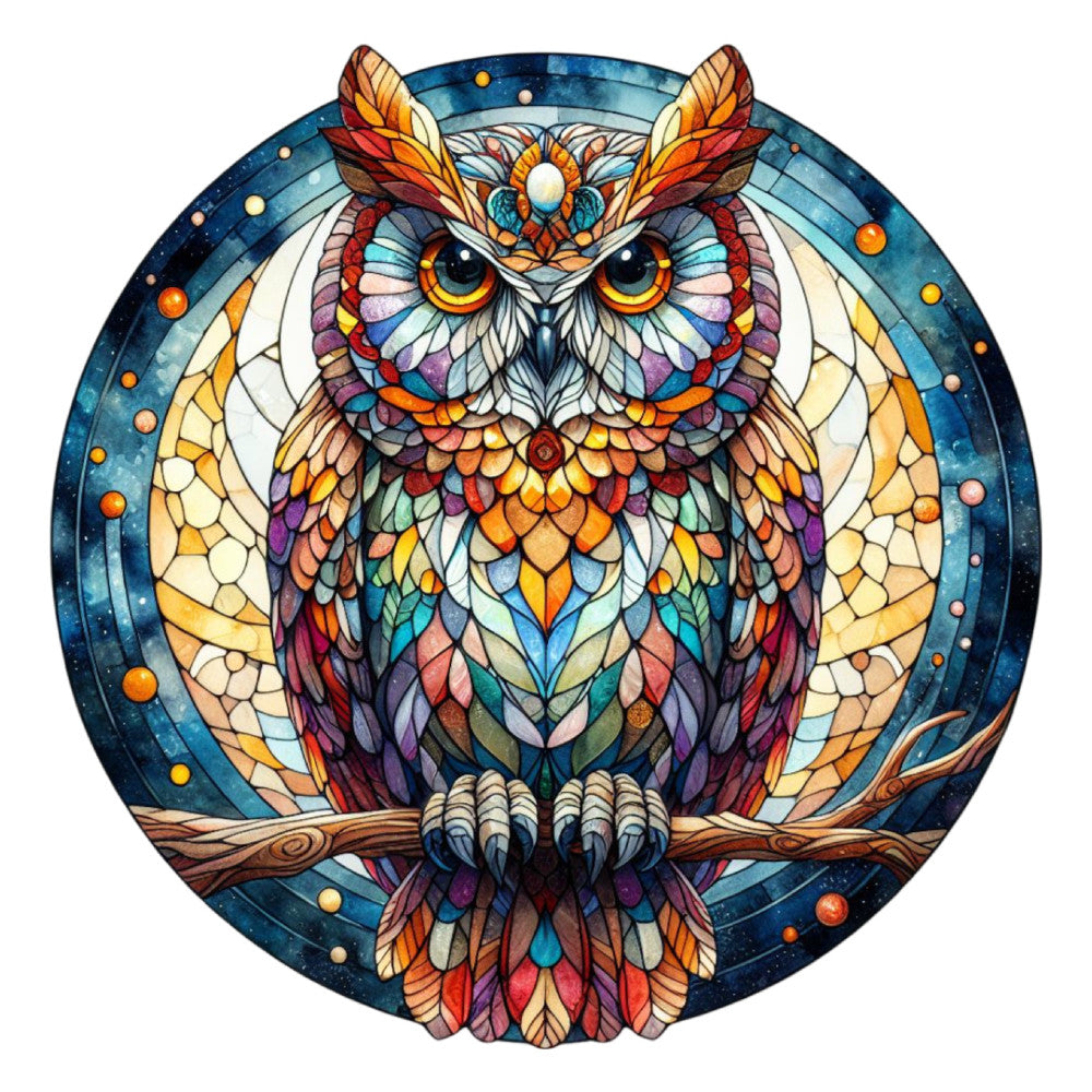 stained glass, owl, fabric panel, circular design, mandala, geometric patterns, blue, orange, yellow, purple, red, teal, multicolored, intricate details, feathers, wings, talons, branch, celestial, stars, mosaic style, quilting fabric, cotton panel, decorative, ornate, symmetrical, nature motif, bird design