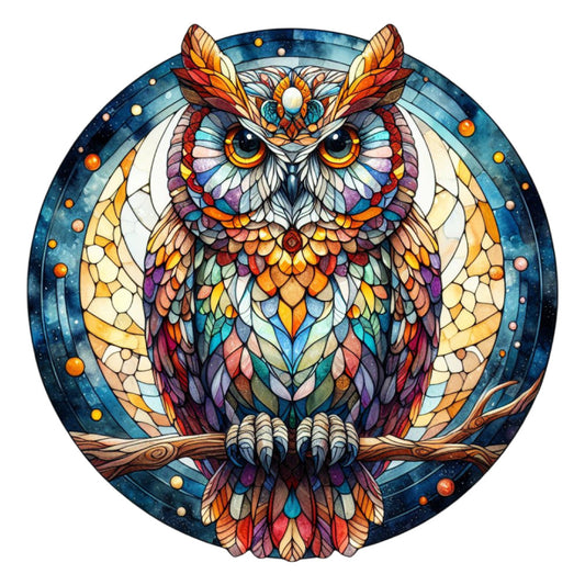 stained glass, owl, fabric panel, circular design, mandala, geometric patterns, blue, orange, yellow, purple, red, teal, multicolored, intricate details, feathers, wings, talons, branch, celestial, stars, mosaic style, quilting fabric, cotton panel, decorative, ornate, symmetrical, nature motif, bird design