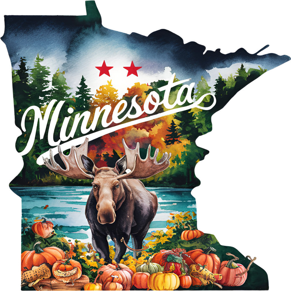 Classic US States Fabric Panel 43 featuring Minnesota shape with scenic forest, lake, moose, and autumn pumpkins design on premium cotton.